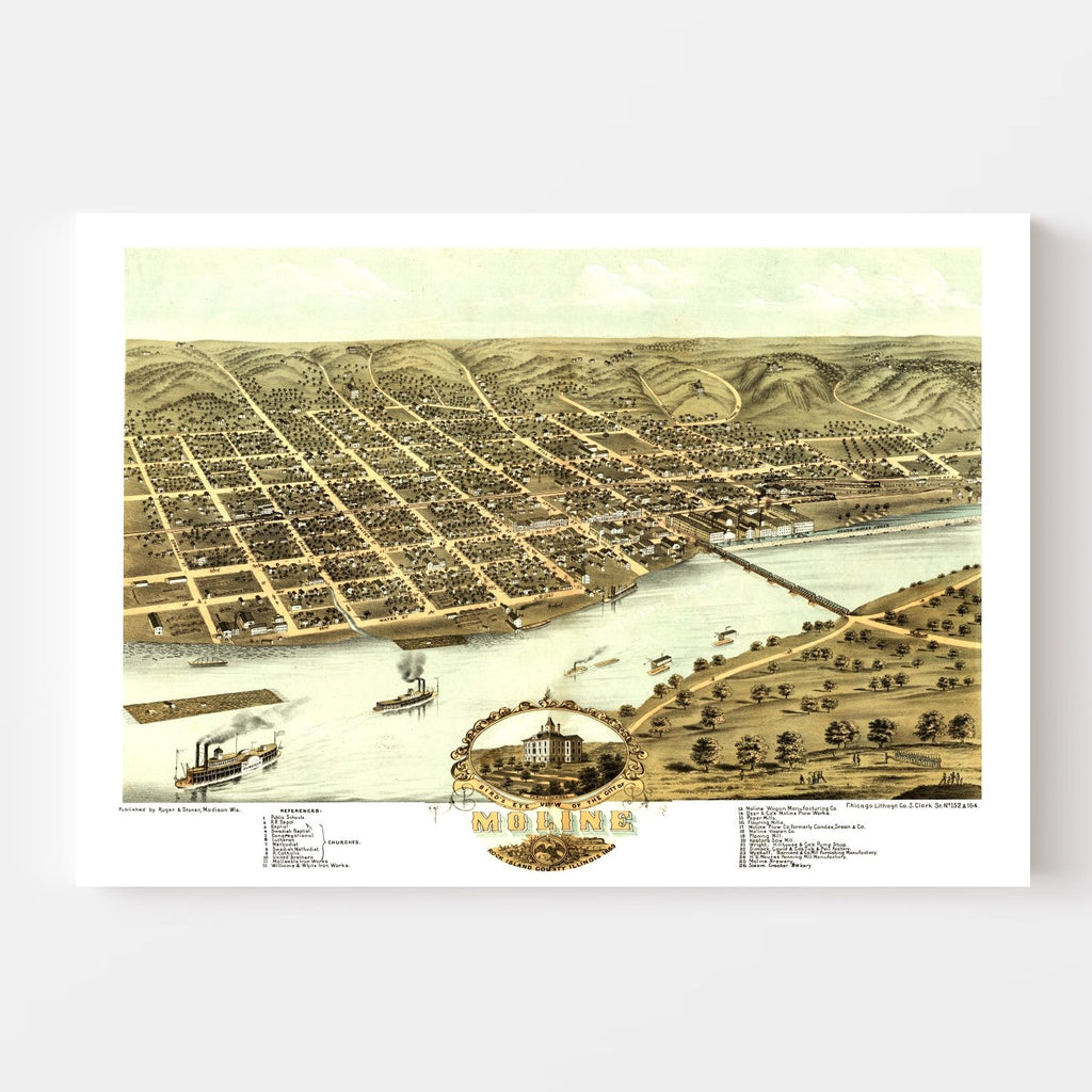 Vintage Map of Moline, Illinois 1869