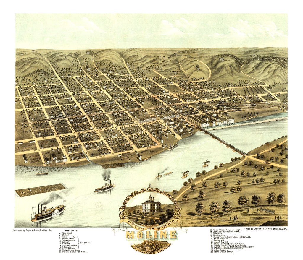 Vintage Map of Moline, Illinois 1869