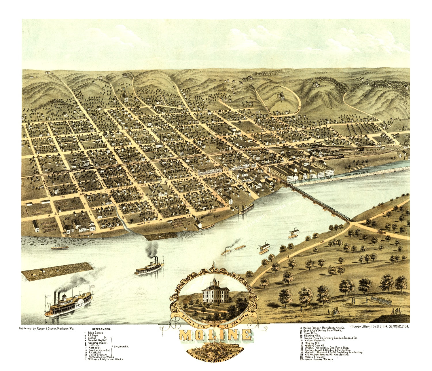 Vintage Map of Moline, Illinois 1869