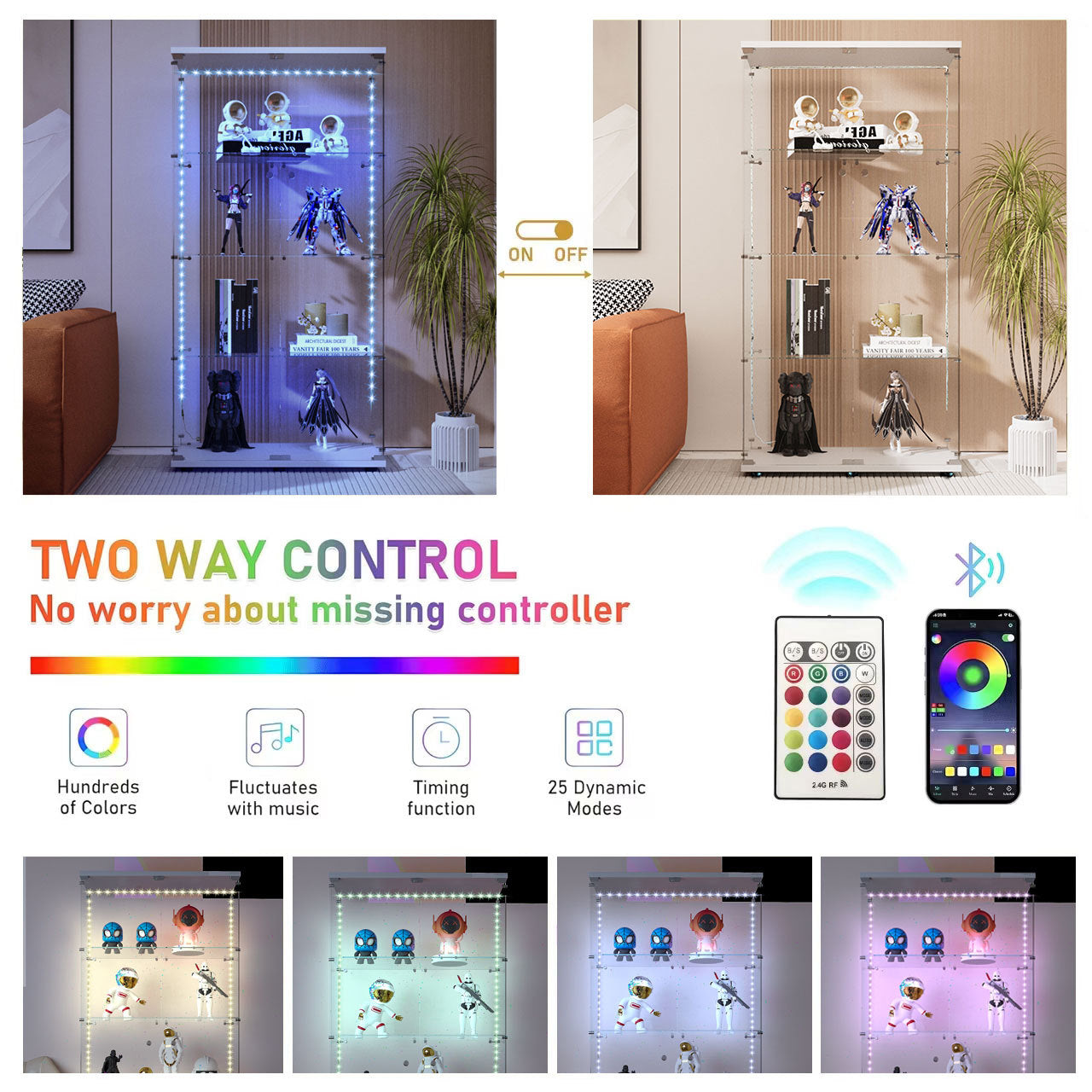Tempered glass display cabinet, wine cabinet,storage cabinet,file cabinet,with Bluetooth LED light strip,lock on the door,equipped with cast,easy to move,for living room, bedroom,hallway,Office,white