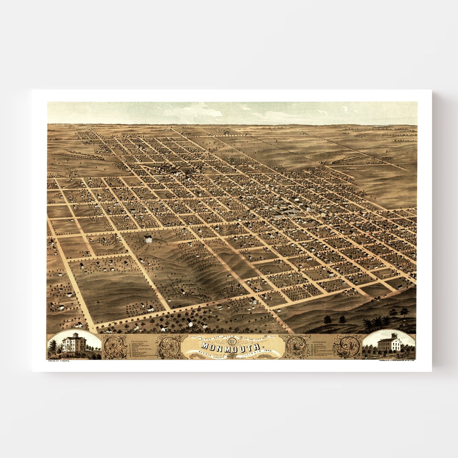 Vintage Map of Monmouth, Illinois 1869
