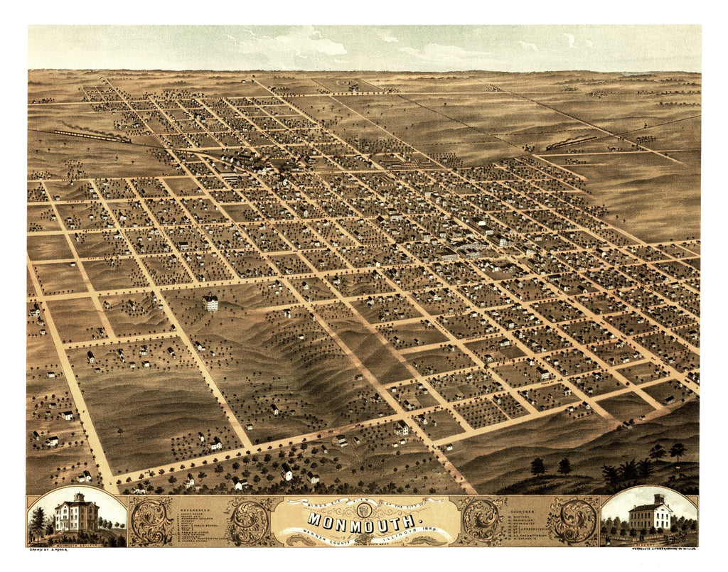 Vintage Map of Monmouth, Illinois 1869