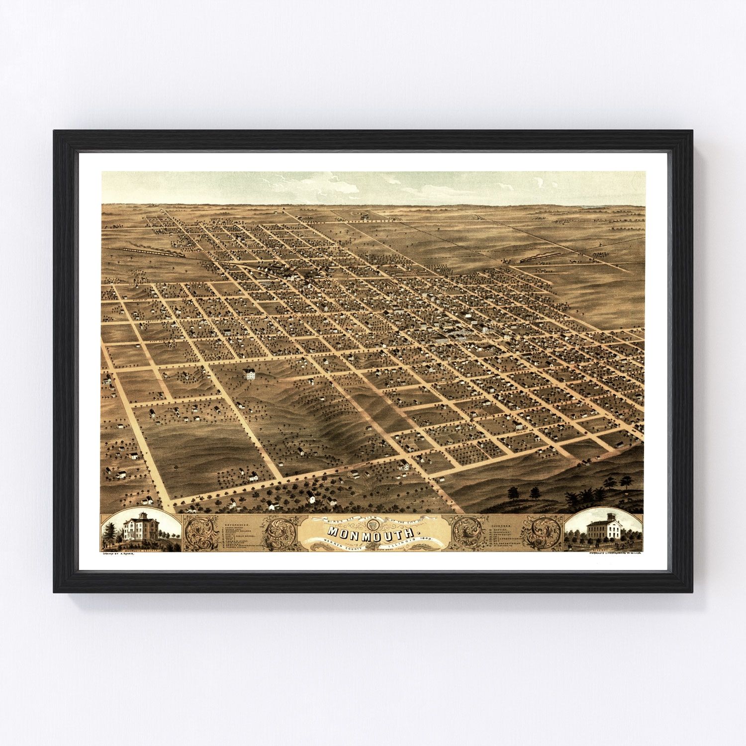 Vintage Map of Monmouth, Illinois 1869