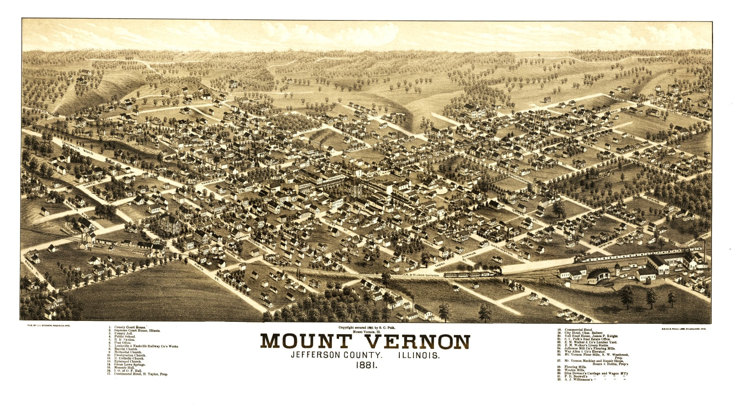 Vintage Map of Mount Vernon, Illinois 1881