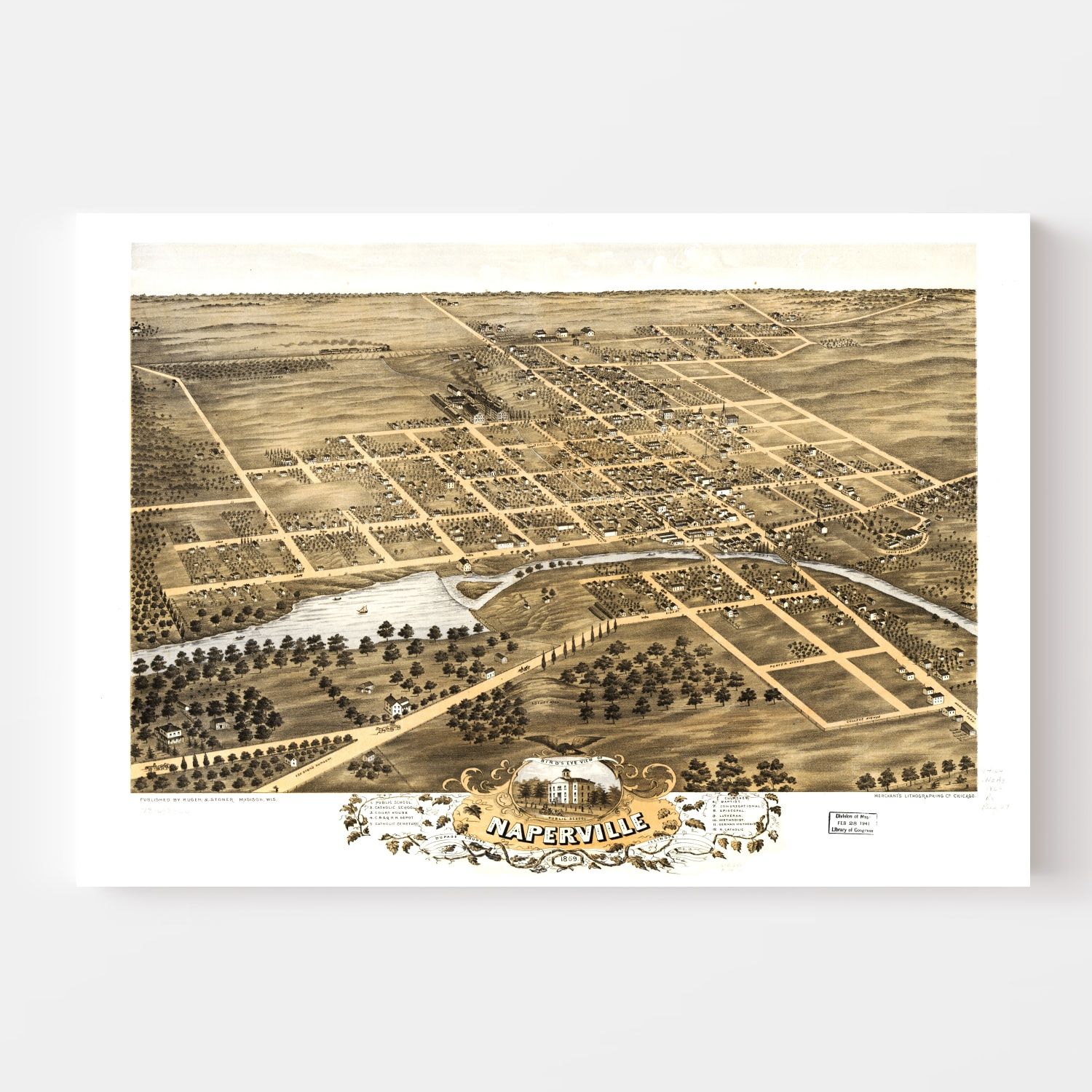 Vintage Map of Naperville, Illinois 1869