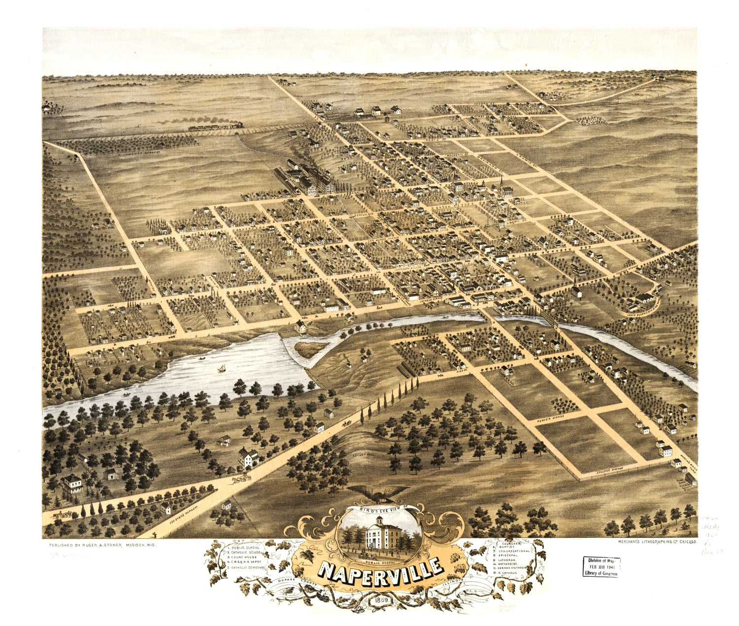 Vintage Map of Naperville, Illinois 1869