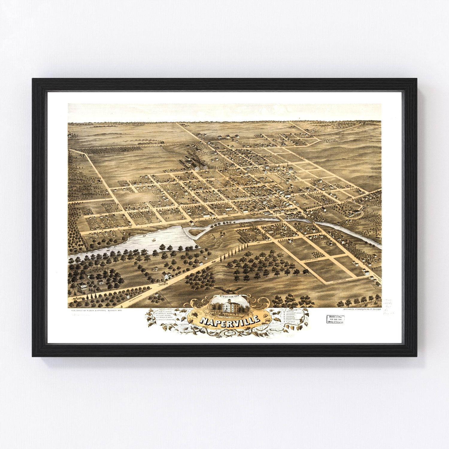 Vintage Map of Naperville, Illinois 1869