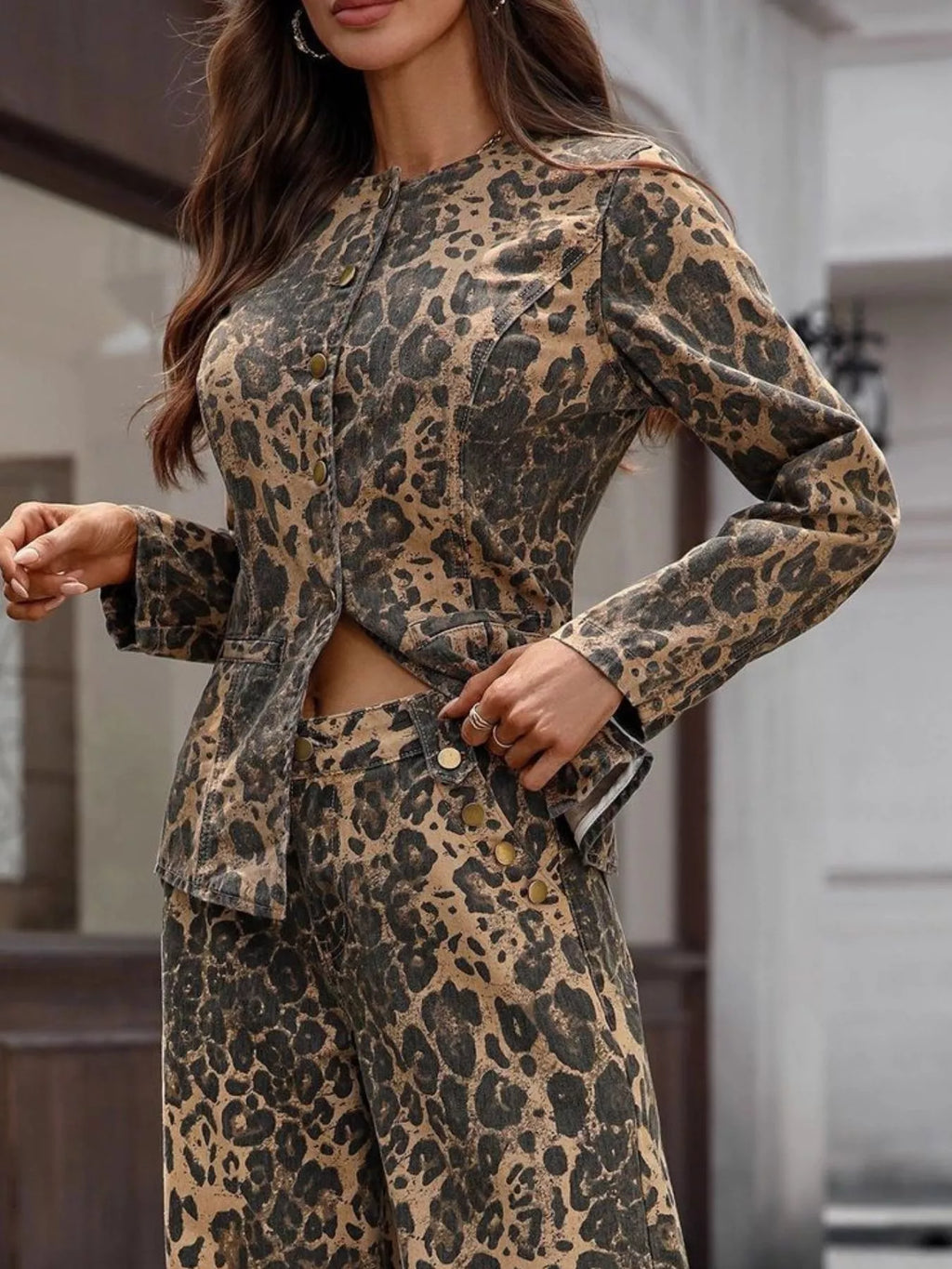 Leopard Button Up Long Sleeve Denim Shirt Slightly Stretchy