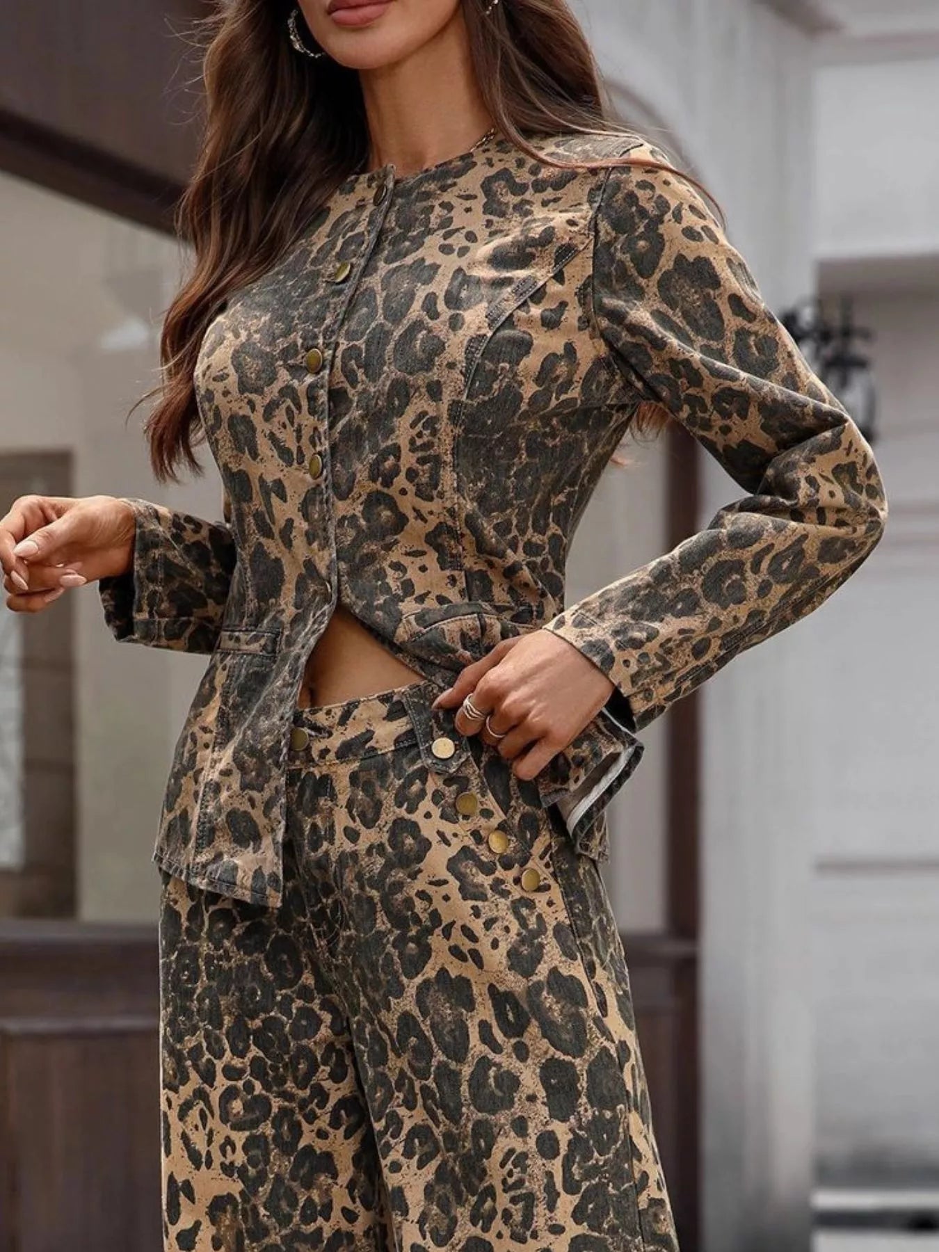 Leopard Button Up Long Sleeve Denim Shirt Slightly Stretchy