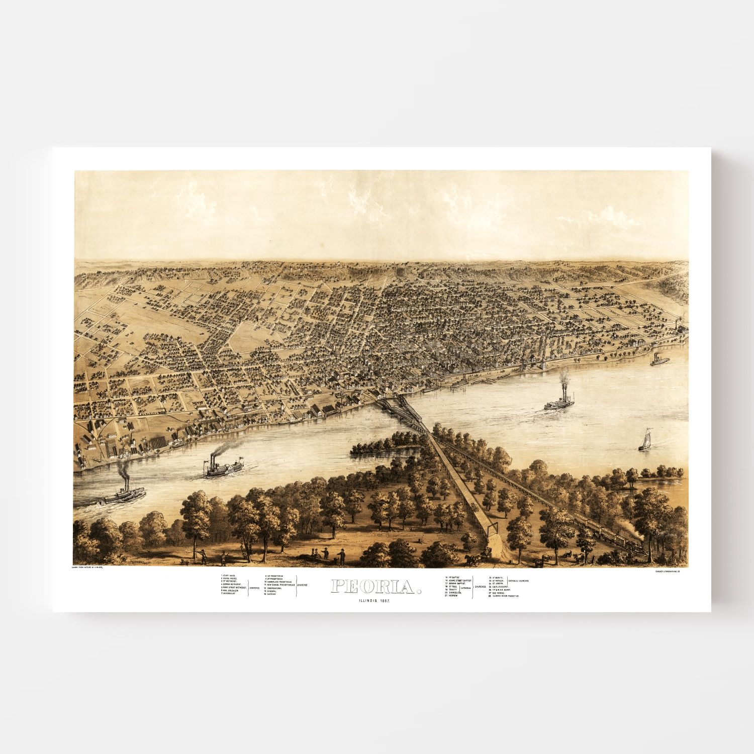 Vintage Map of Peoria, Illinois 1867