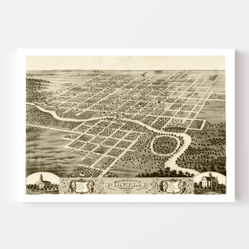 Vintage Map of Pontiac, Illinois 1869