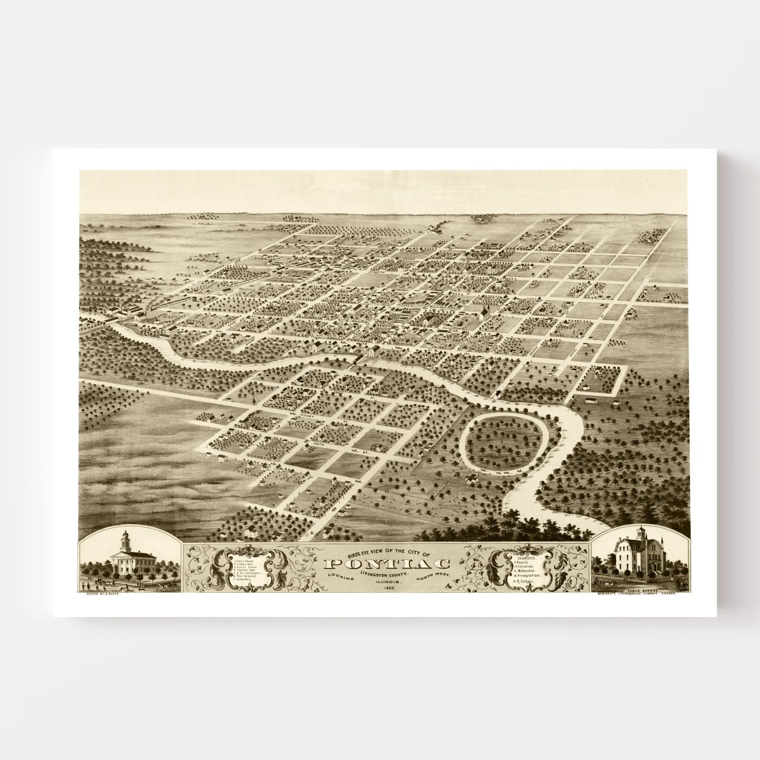 Vintage Map of Pontiac, Illinois 1869