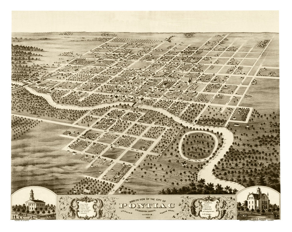 Vintage Map of Pontiac, Illinois 1869