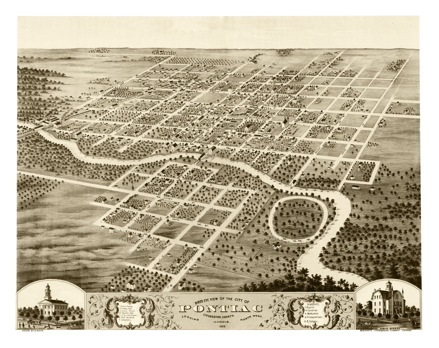 Vintage Map of Pontiac, Illinois 1869