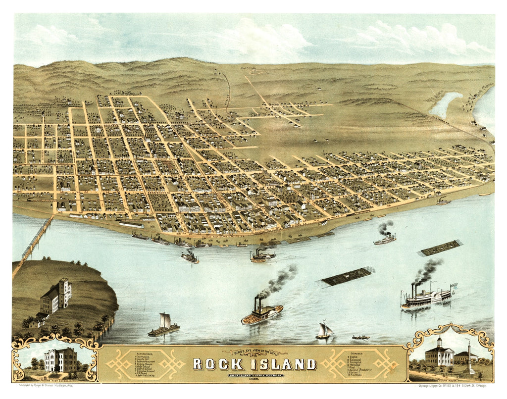 Vintage Map of Rock Island, Illinois 1869