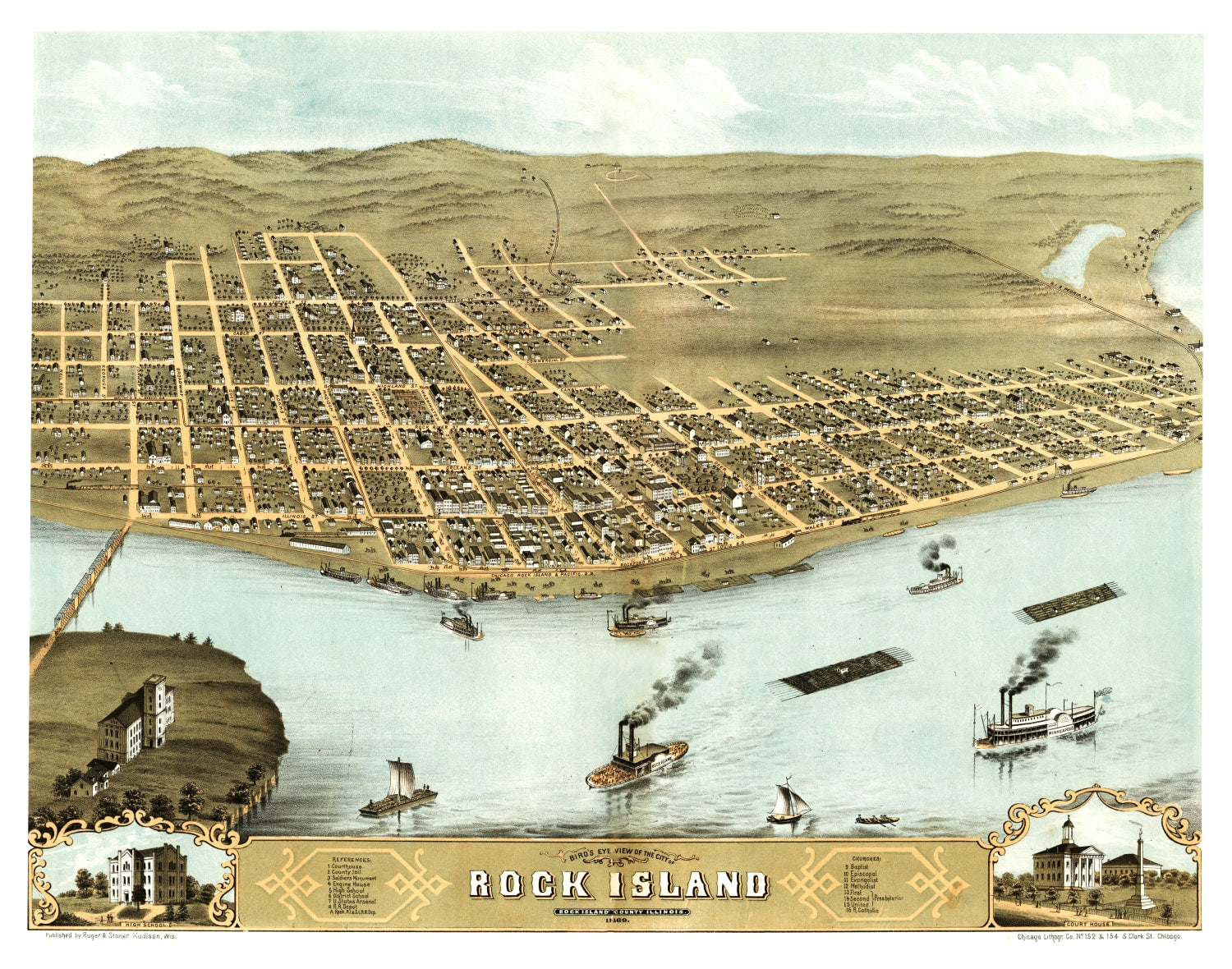 Vintage Map of Rock Island, Illinois 1869