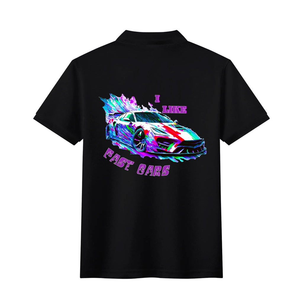 Men's I Like Fast Cars Front & Back Printing Black Polo Shirt