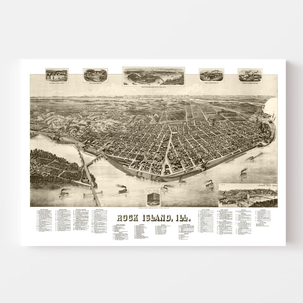 Vintage Map of Rock Island, Illinois 1889