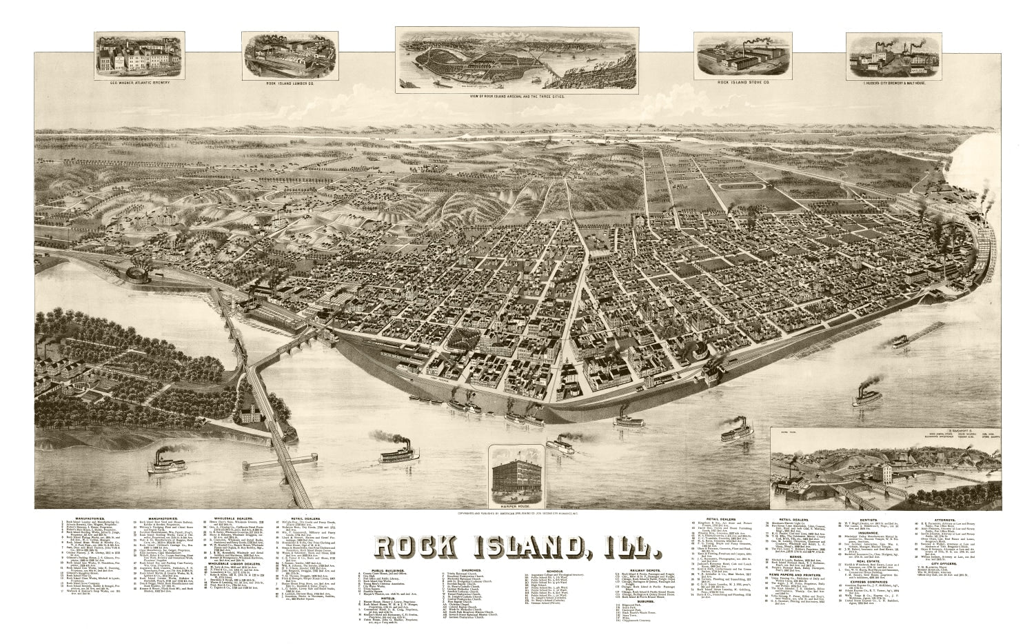 Vintage Map of Rock Island, Illinois 1889