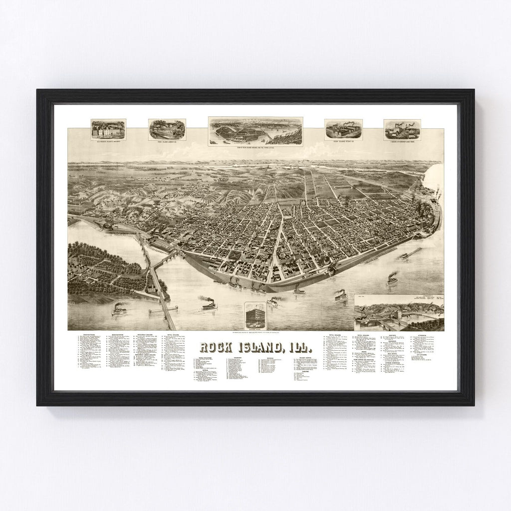 Vintage Map of Rock Island, Illinois 1889