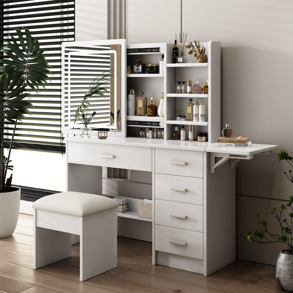 Fashion Vanity Desk with Mirror and Lights for Makeup, White MDF, 5 Drawers, Adjustable Lighting