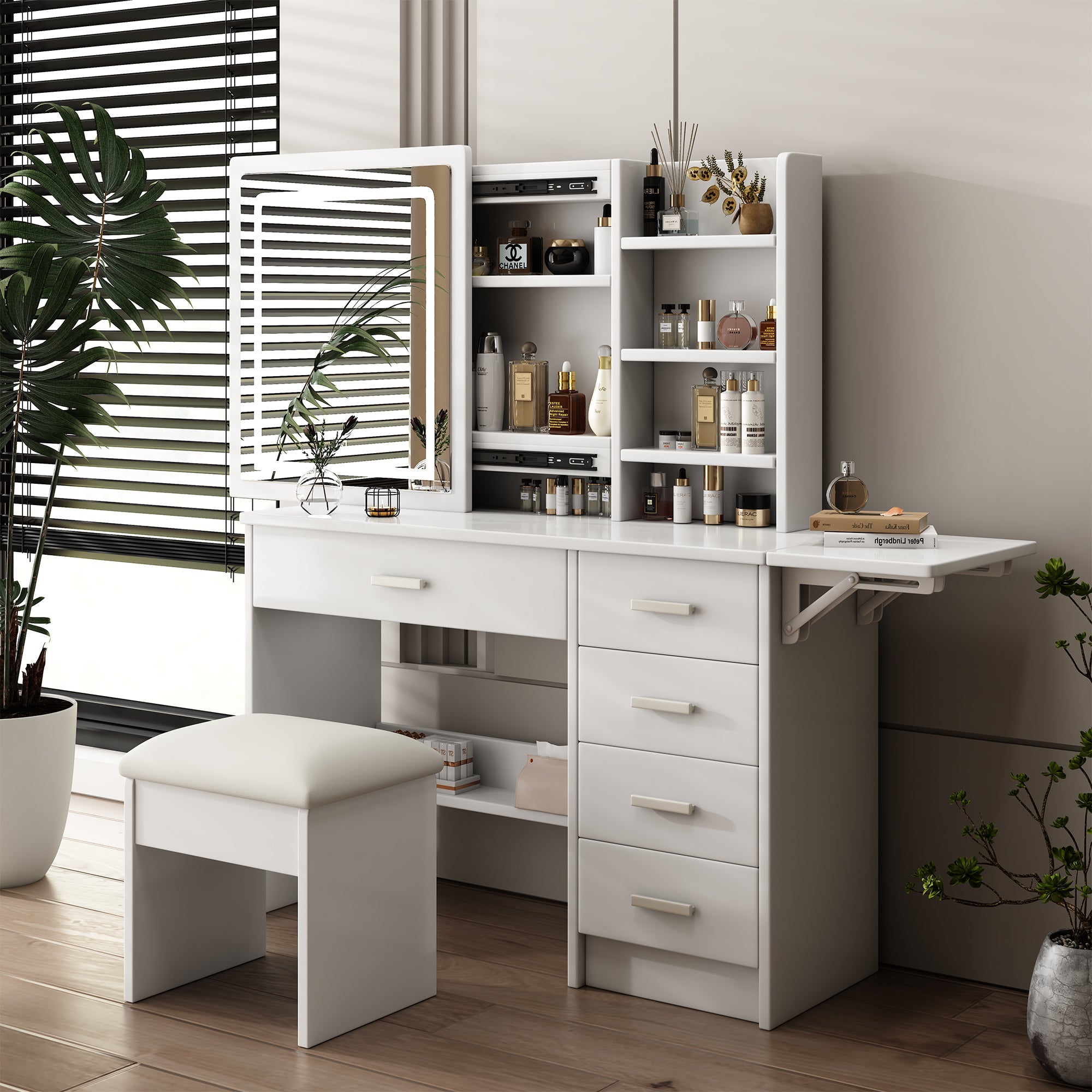 Fashion Vanity Desk with Mirror and Lights for Makeup, White MDF, 5 Drawers, Adjustable Lighting