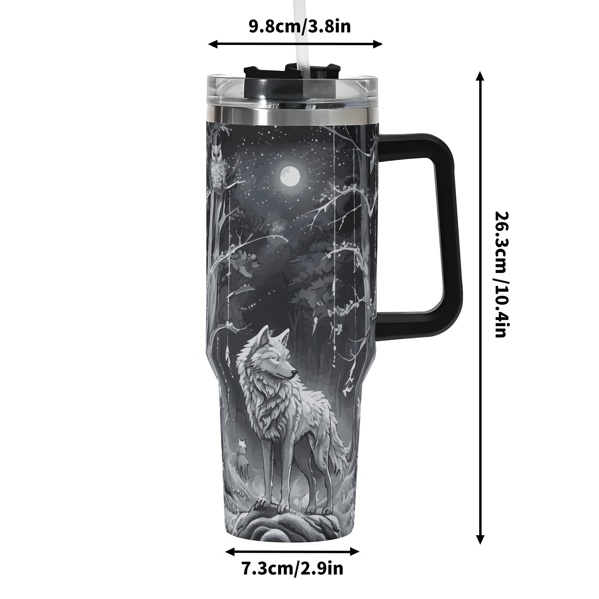 Ethereal Wolf in the Moonlight 40oz Stainless Steel Tumbler With Black Handle (Made in USA)