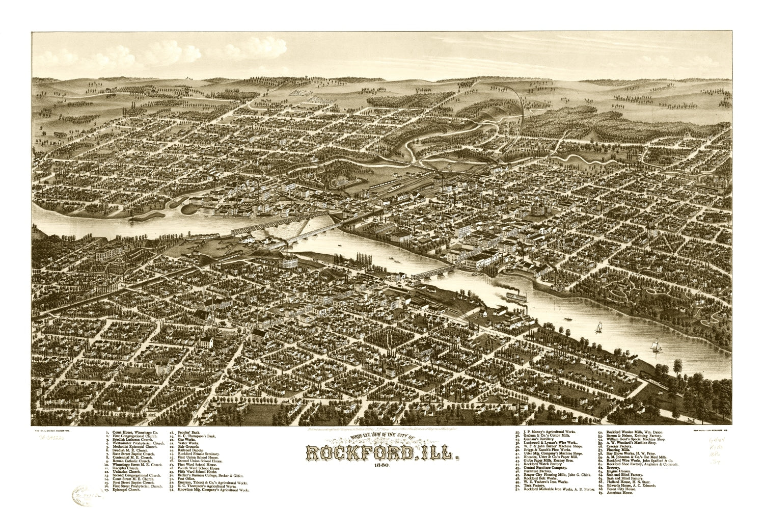 Vintage Map of Rockford, Illinois 1880