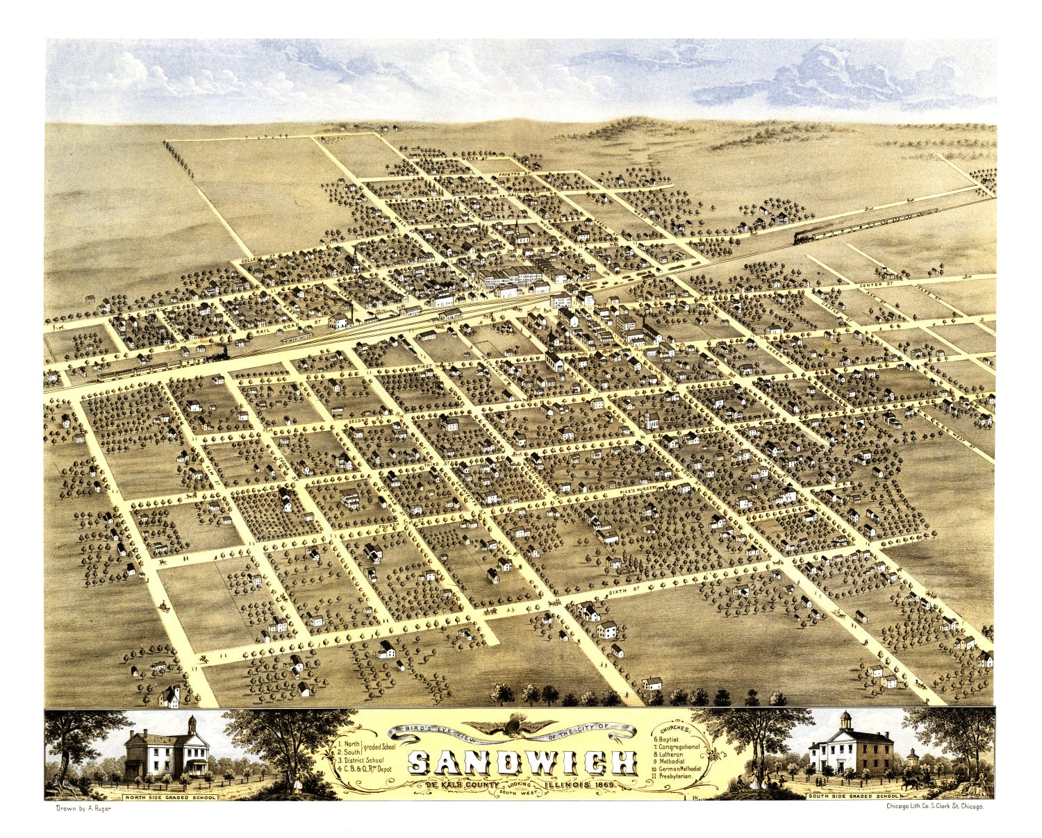 Vintage Map of Sandwich, Illinois 1869