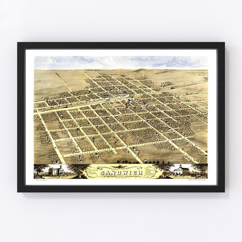 Vintage Map of Sandwich, Illinois 1869