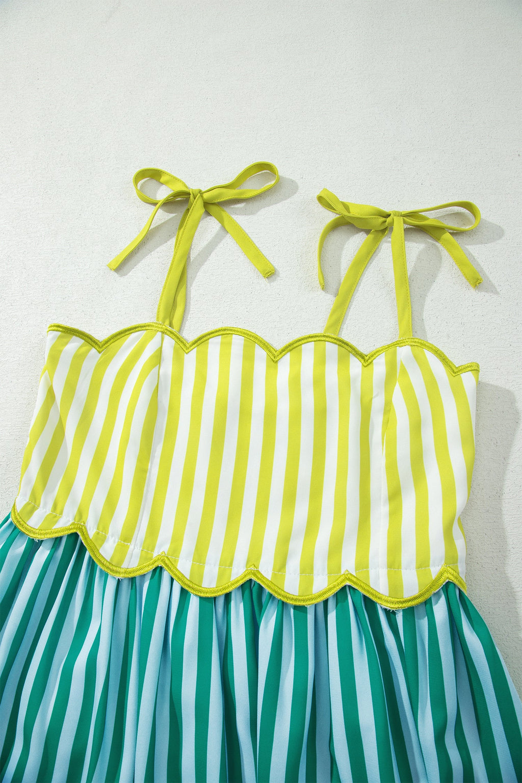 Stripe Scalloped Contrast Patchwork Knot Strap Midi Dress