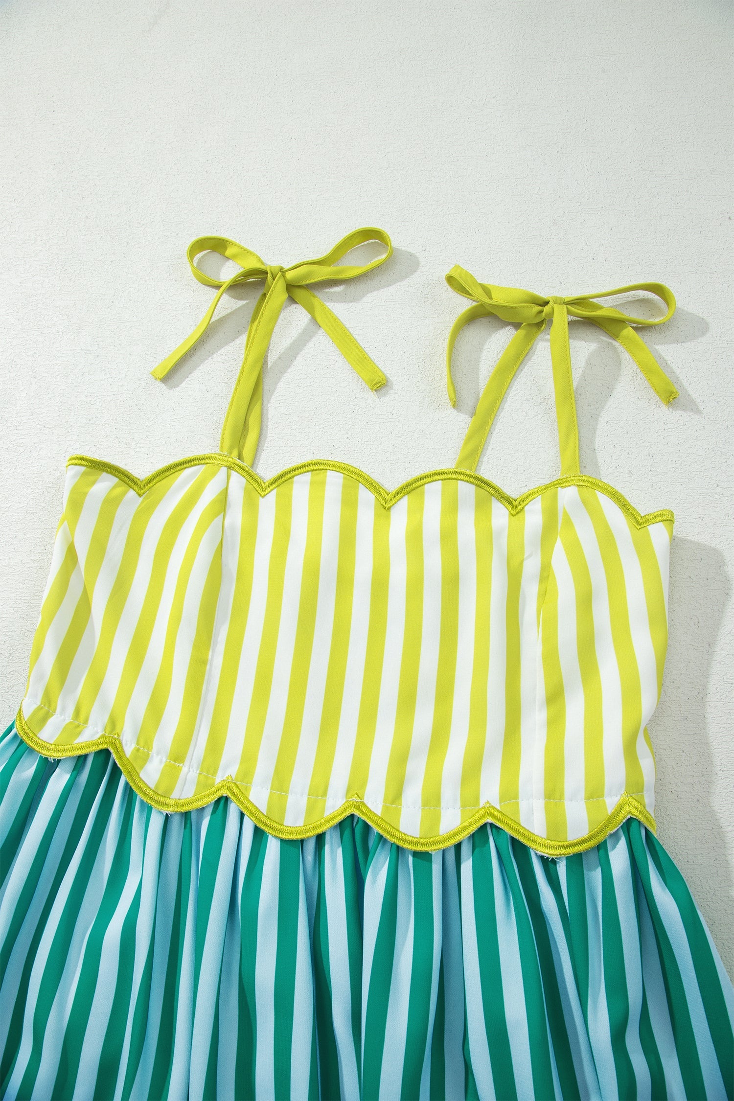 Stripe Scalloped Contrast Patchwork Knot Strap Midi Dress