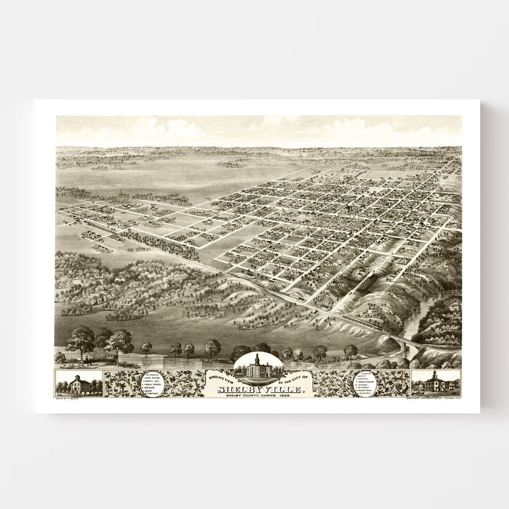 Vintage Map of Shelbyville, Illinois 1869