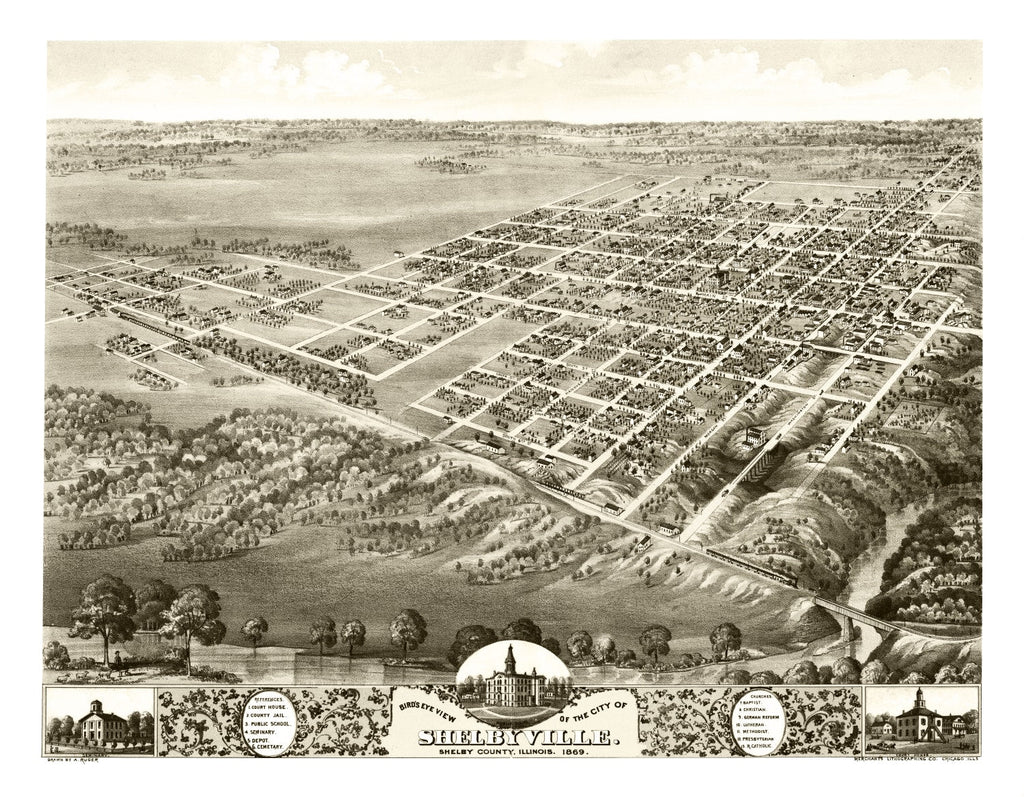 Vintage Map of Shelbyville, Illinois 1869