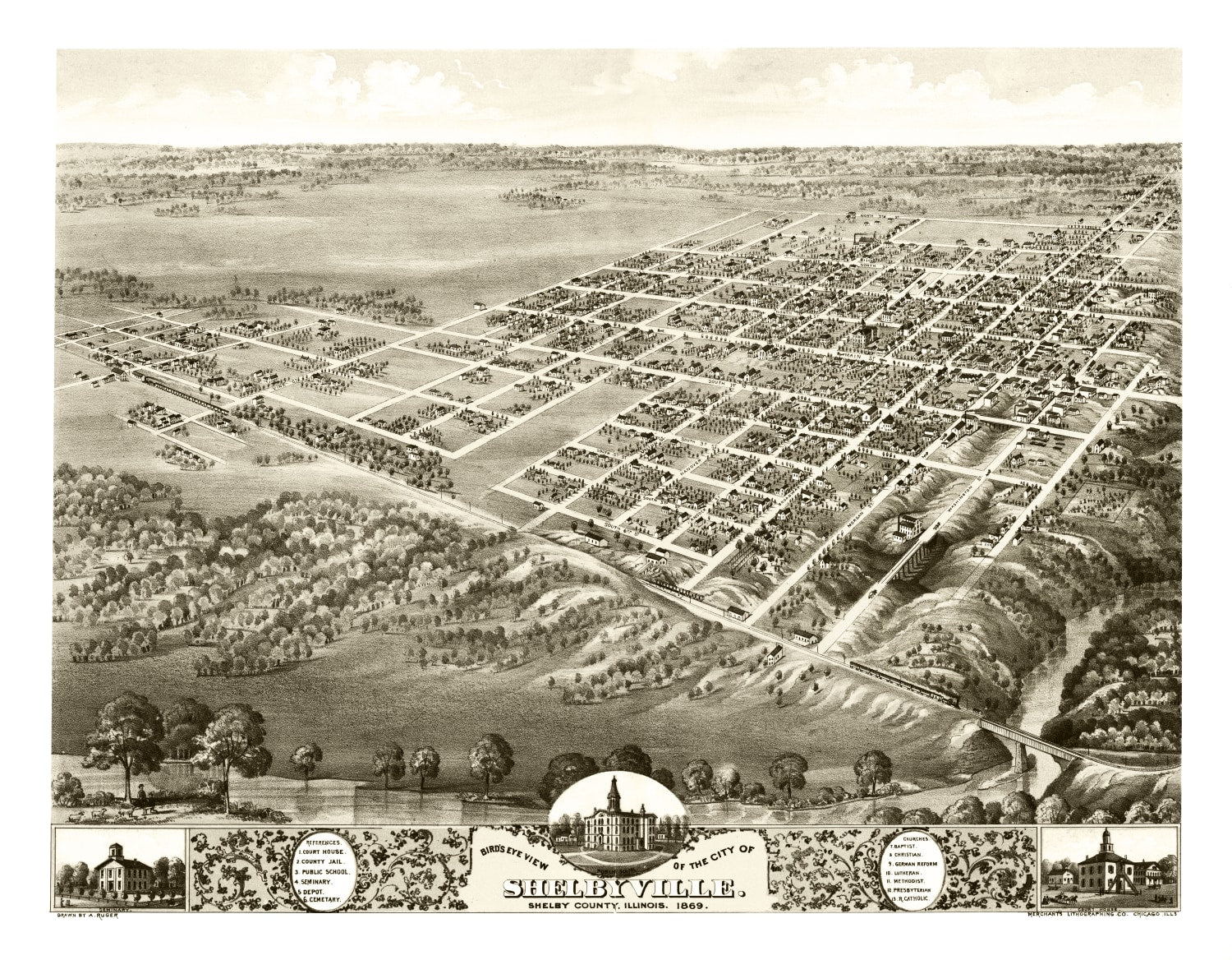 Vintage Map of Shelbyville, Illinois 1869