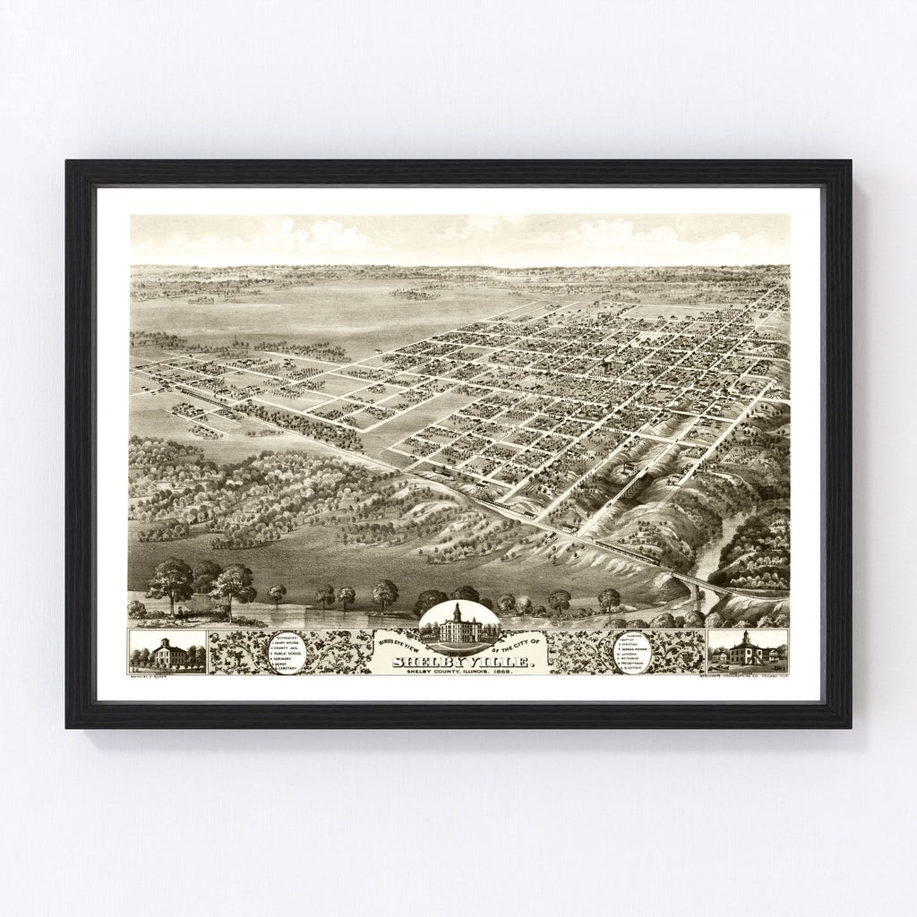 Vintage Map of Shelbyville, Illinois 1869