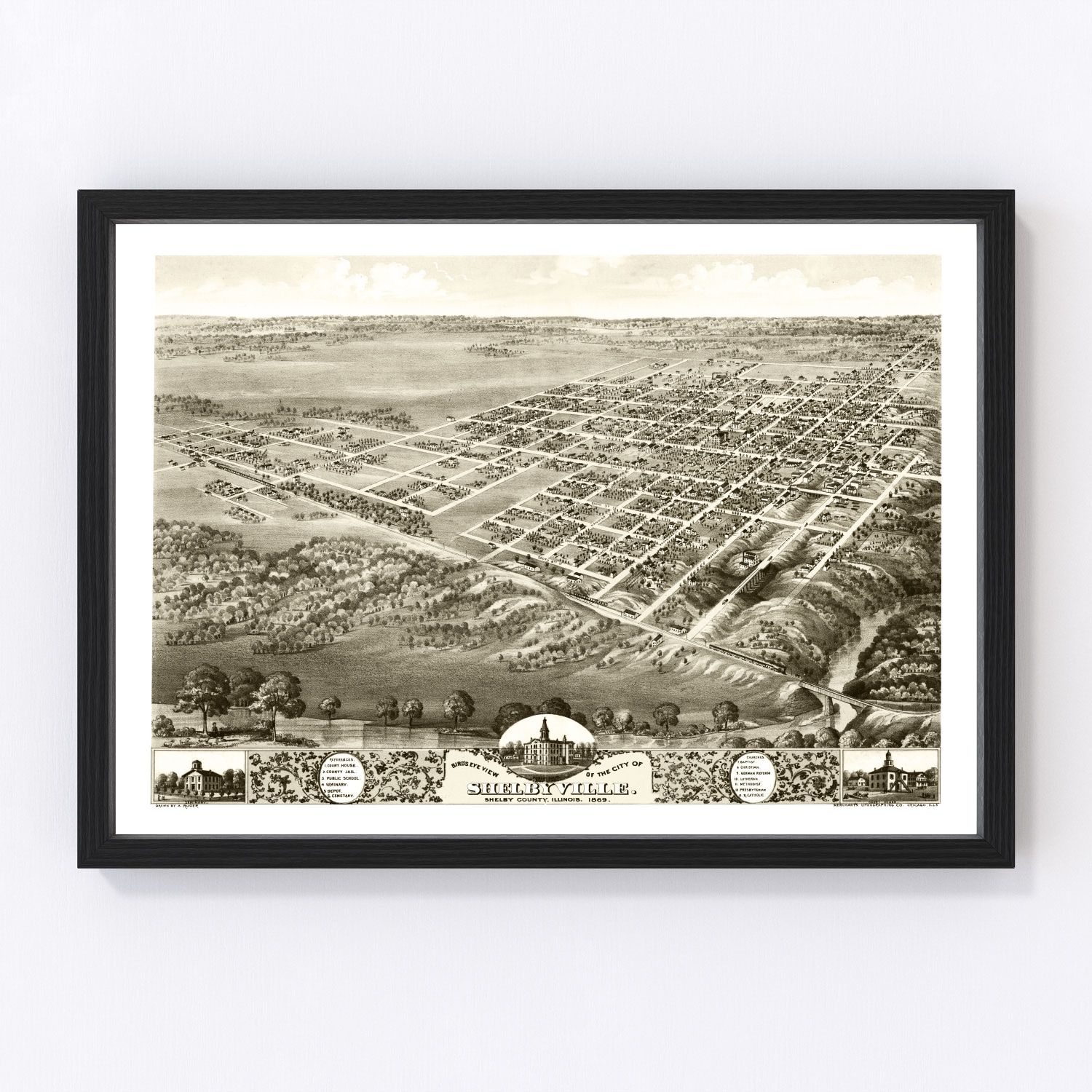 Vintage Map of Shelbyville, Illinois 1869