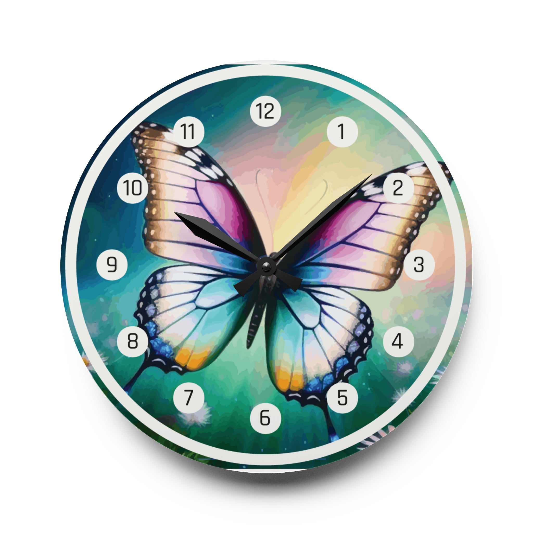 Beautiful Butterfly and Daisies Acrylic Wall Clock