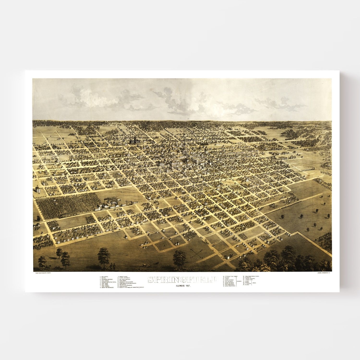 Vintage Map of Springfield, Illinois 1867