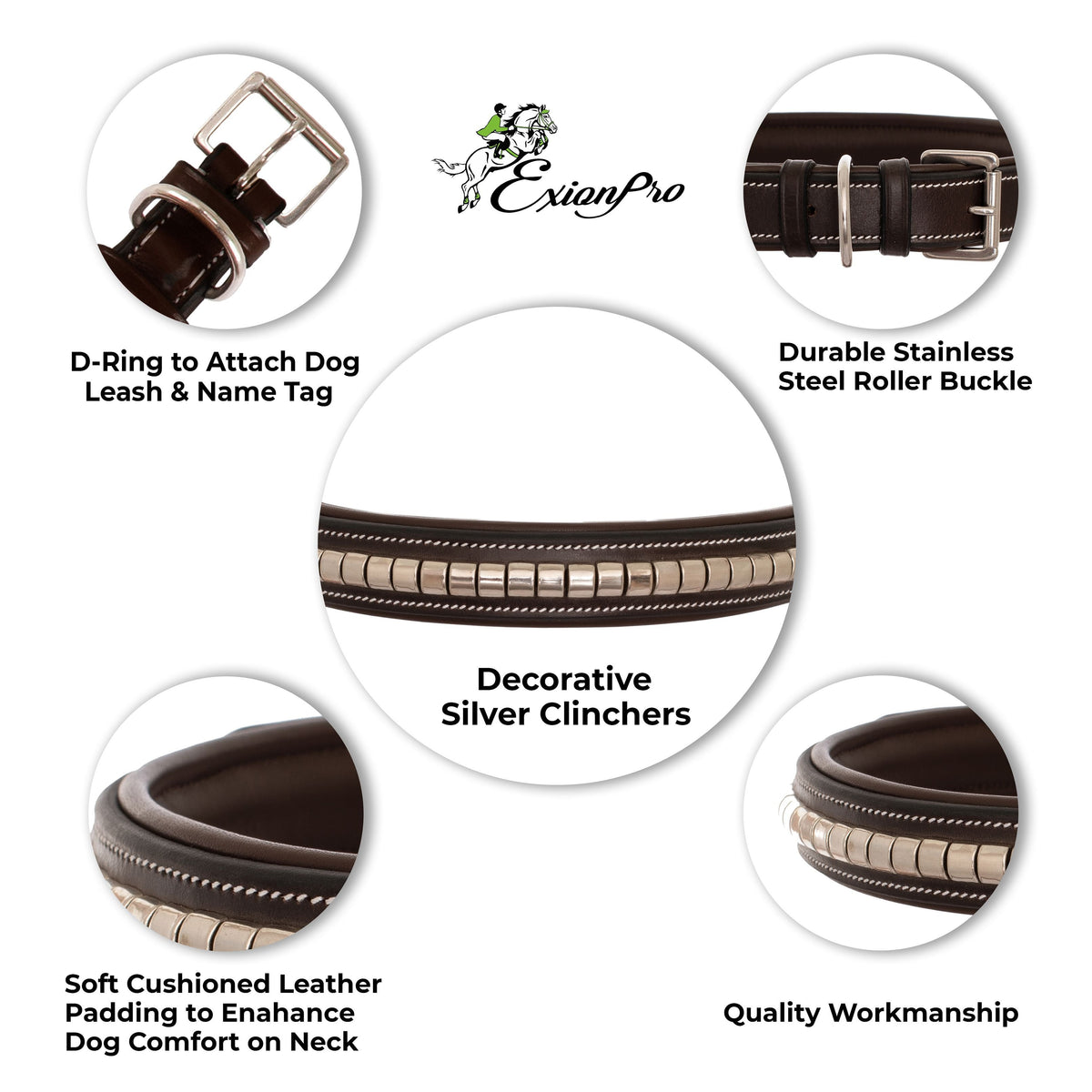 ExionPro Silver Clincher Padded Leather Dog Collar - Conker Padding