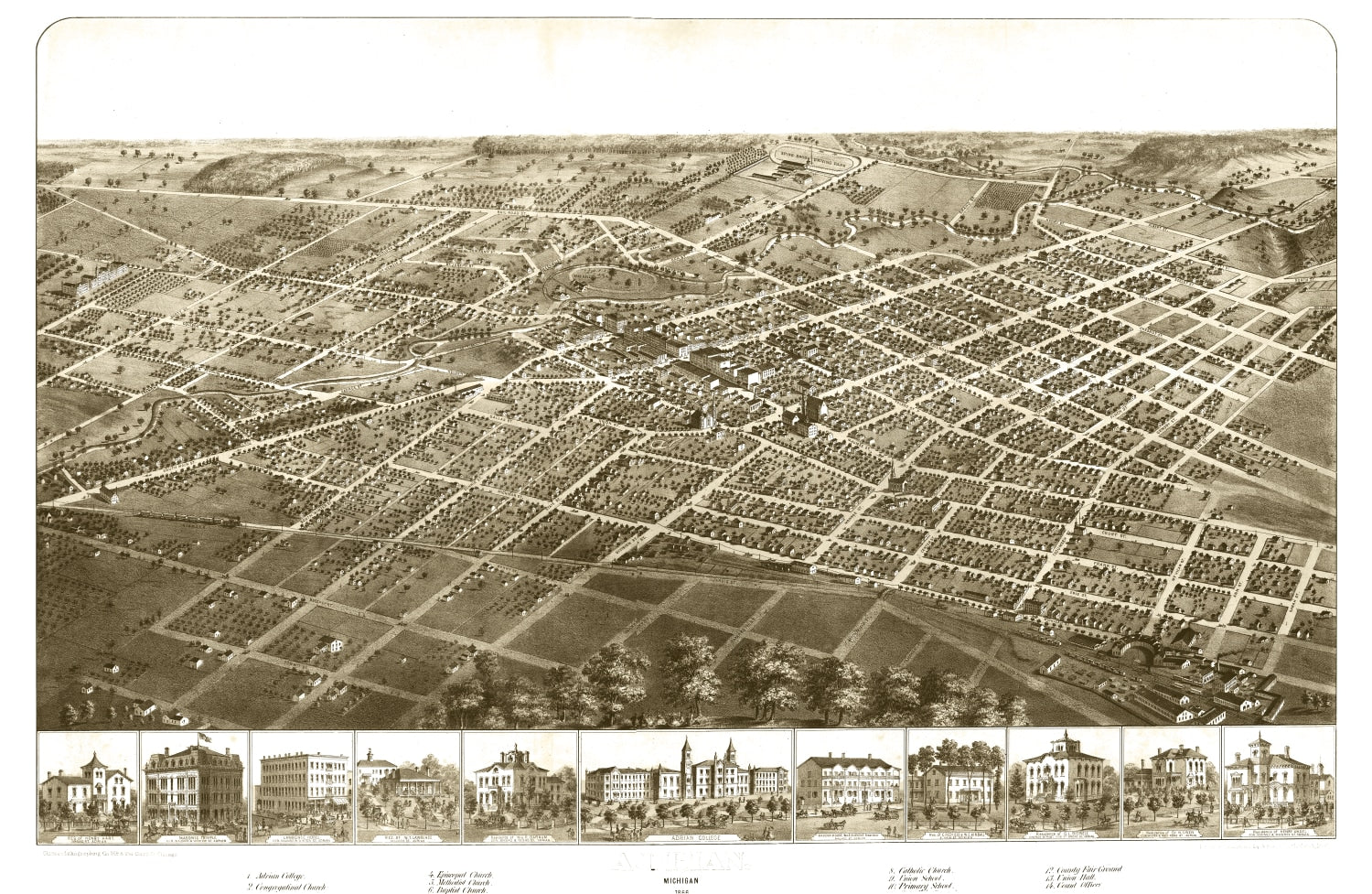 Vintage Map of Adrian, Michigan 1866