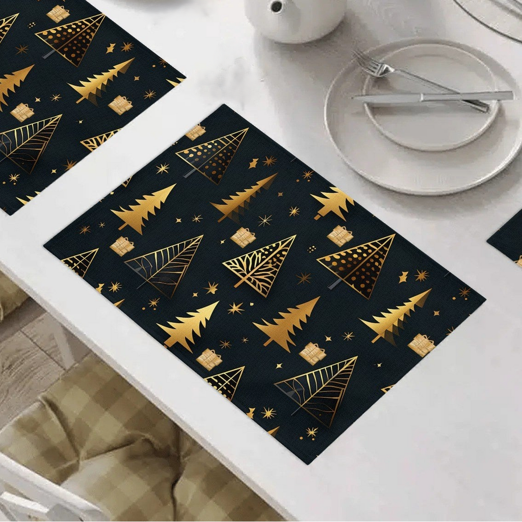 Christmas 4-piece Golden Trees Black Placemats - 18" x 12' (Made in USA)
