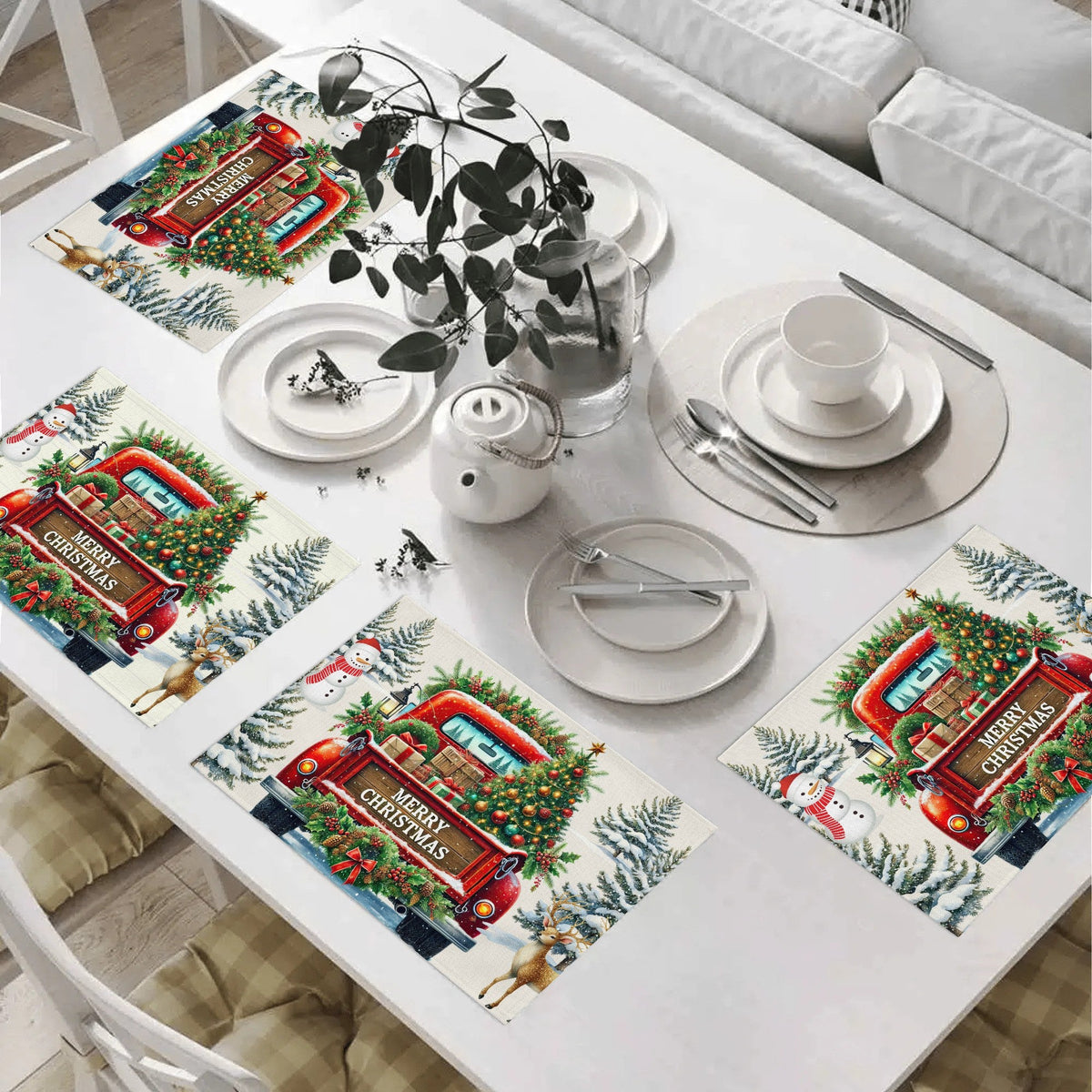 Merry Christmas Old Red Truck Set of 4 Table Placemats - 18" x 12"  (Made in USA)