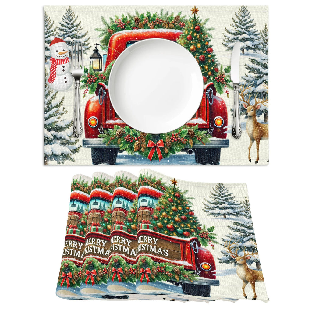Merry Christmas Old Red Truck Set of 4 Table Placemats - 18" x 12"  (Made in USA)