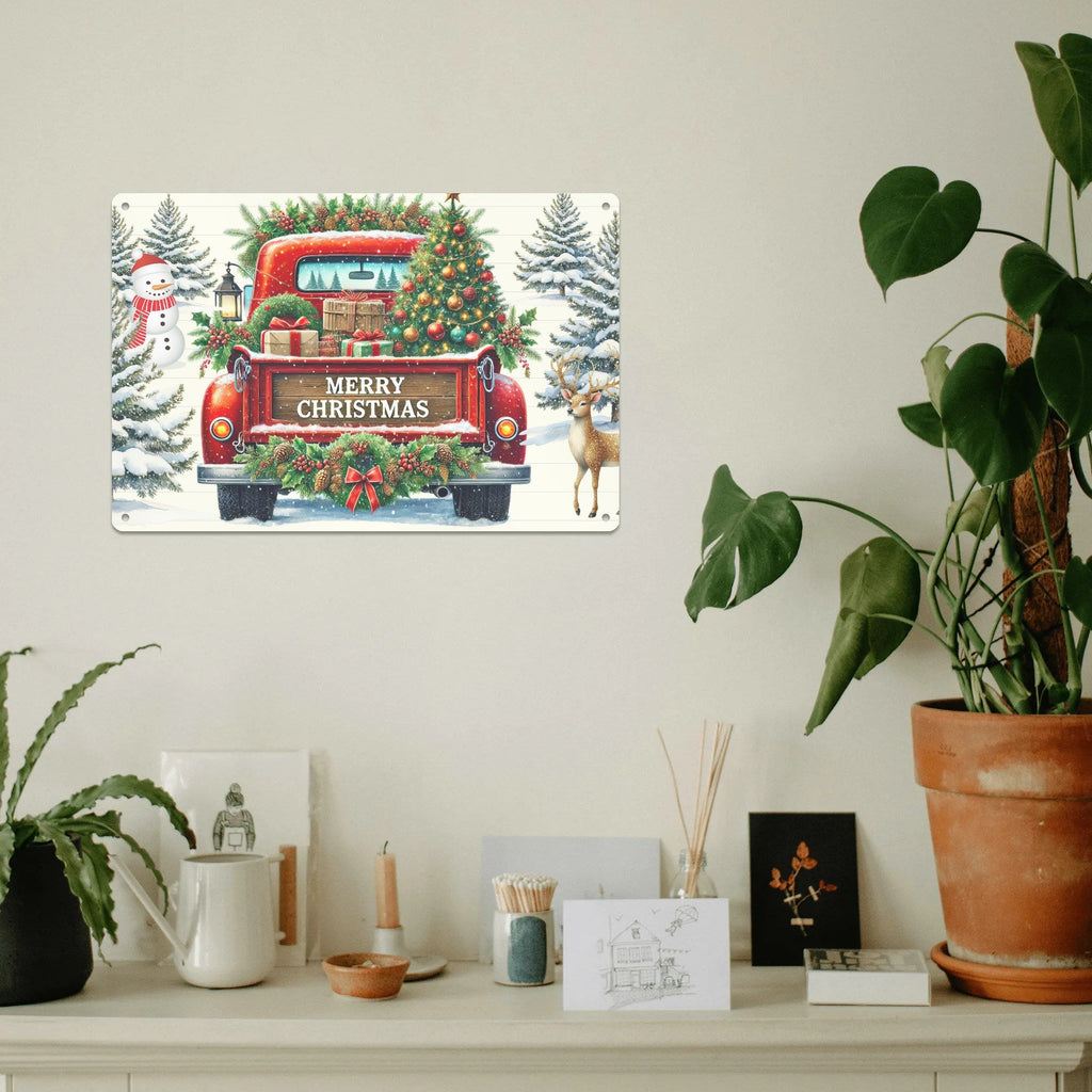 Merry Christmas Old Red Truck Printed Aluminum Metal Sign - 12" x 8" (Made in the USA)