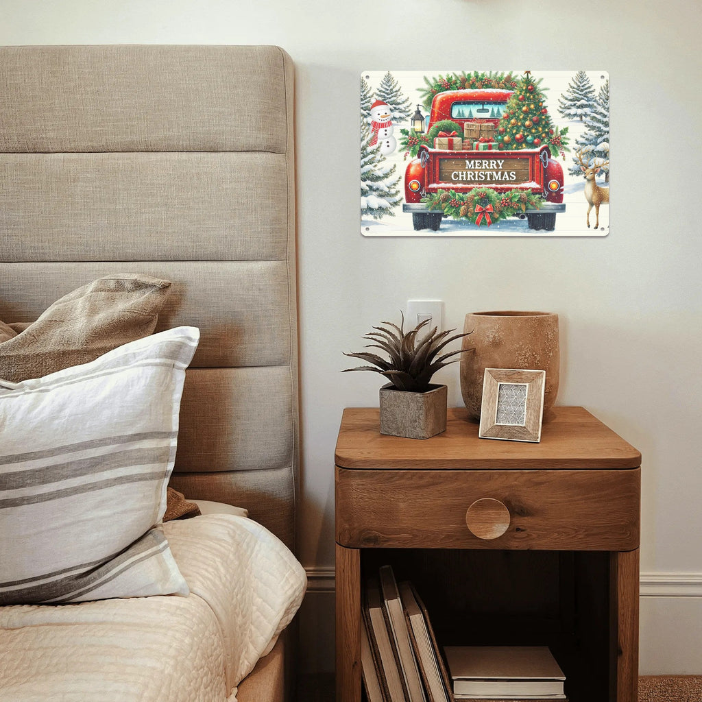 Merry Christmas Old Red Truck Printed Aluminum Metal Sign - 12" x 8" (Made in the USA)