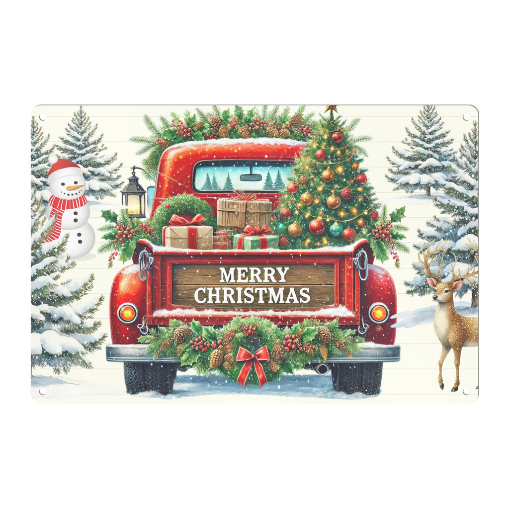 Merry Christmas Old Red Truck Printed Aluminum Metal Sign - 12" x 8" (Made in the USA)