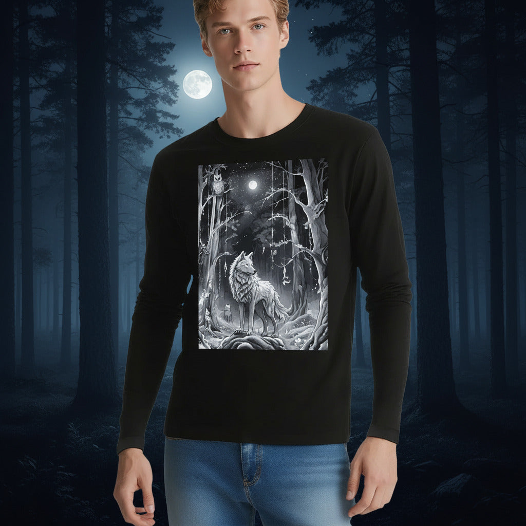 Ethereal Wolf in the Moonlight Printed Unisex Crew Neck Long Sleeve T-shirt