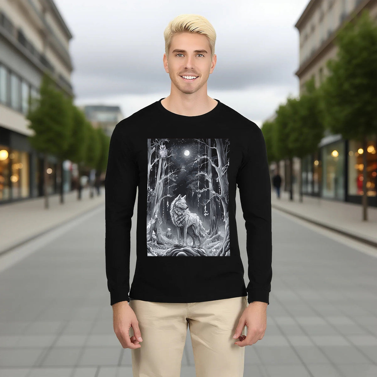 Ethereal Wolf in the Moonlight Printed Unisex Crew Neck Long Sleeve T-shirt