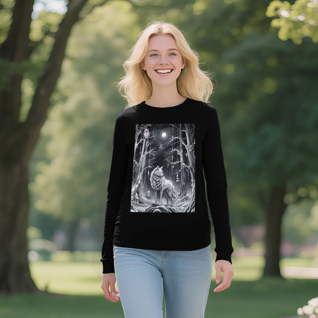 Ethereal Wolf in the Moonlight Printed Unisex Crew Neck Long Sleeve T-shirt